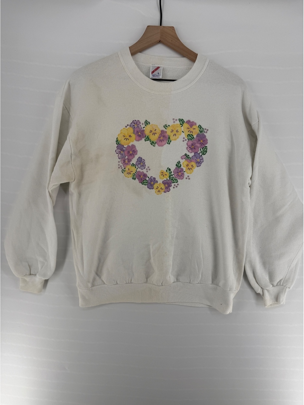 Vintage 90s Jerzees Floral Heart Sweatshirt Womens Pansy Cottagecore USA
